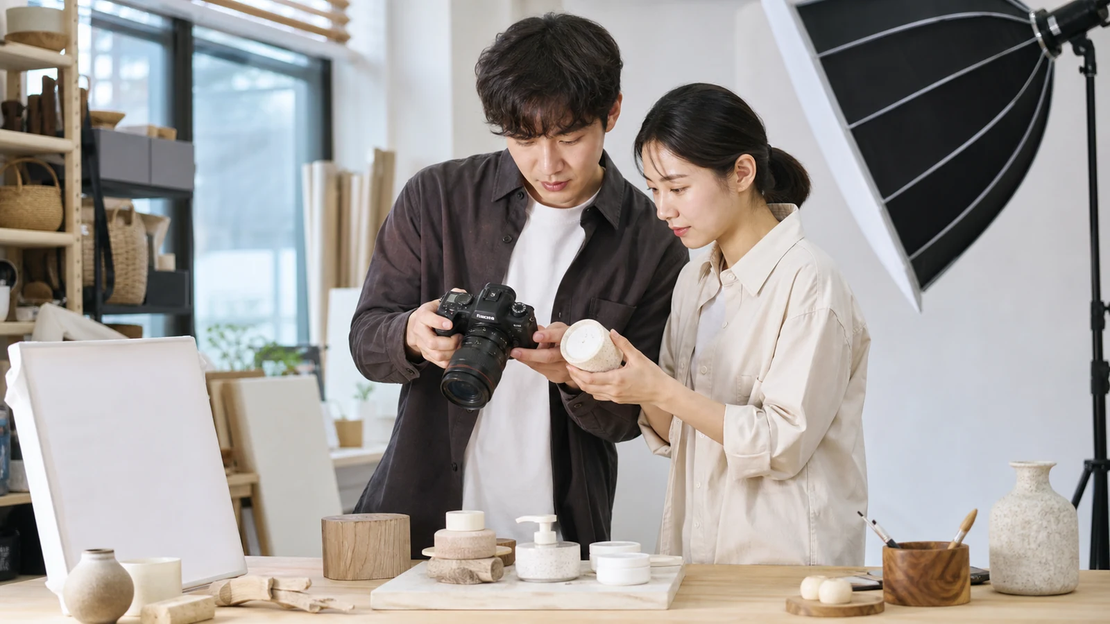 제품 사진을 촬영하고 검토하는 장면
