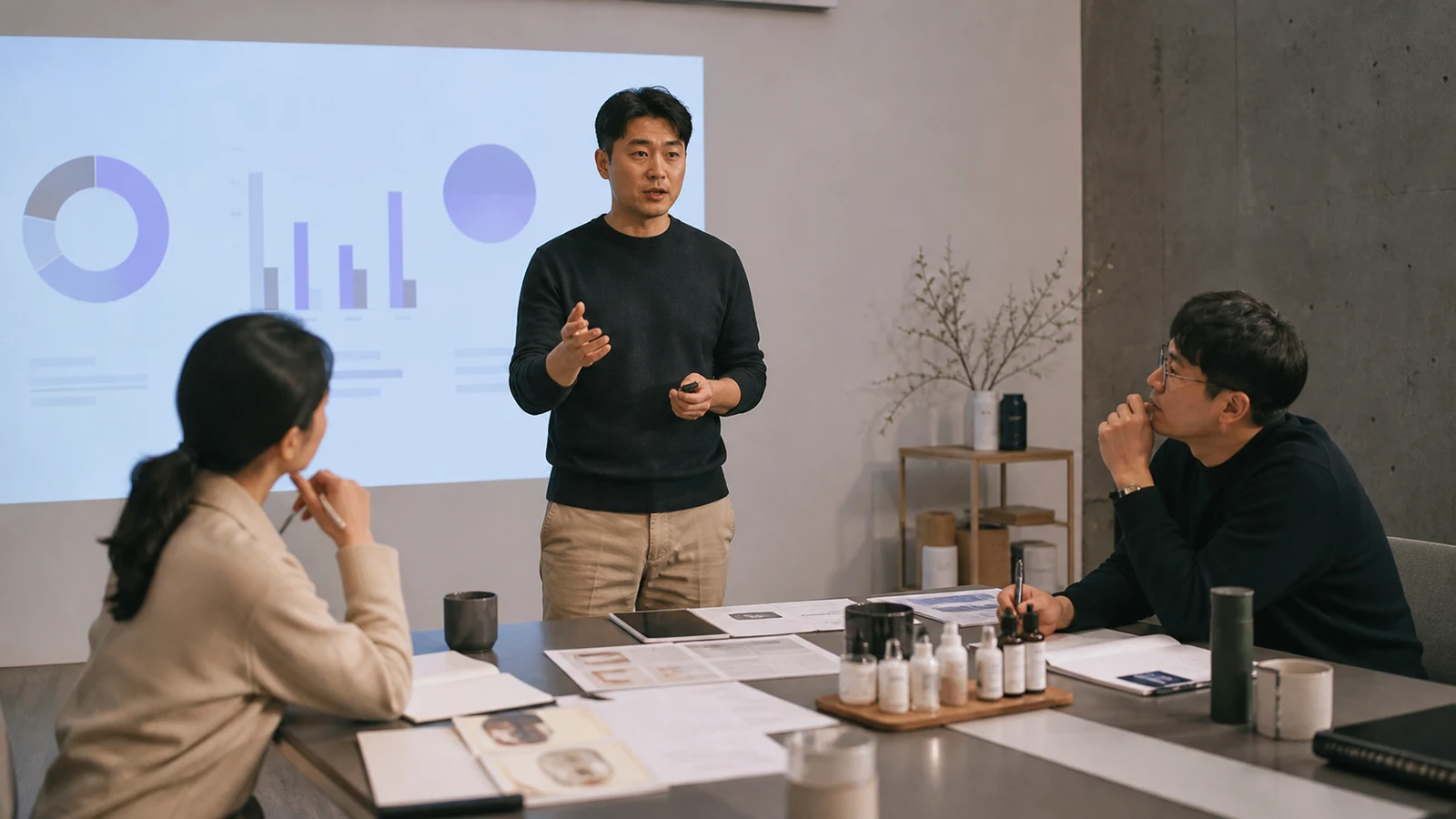 사업 발표 자료와 질의응답을 준비하는 장면