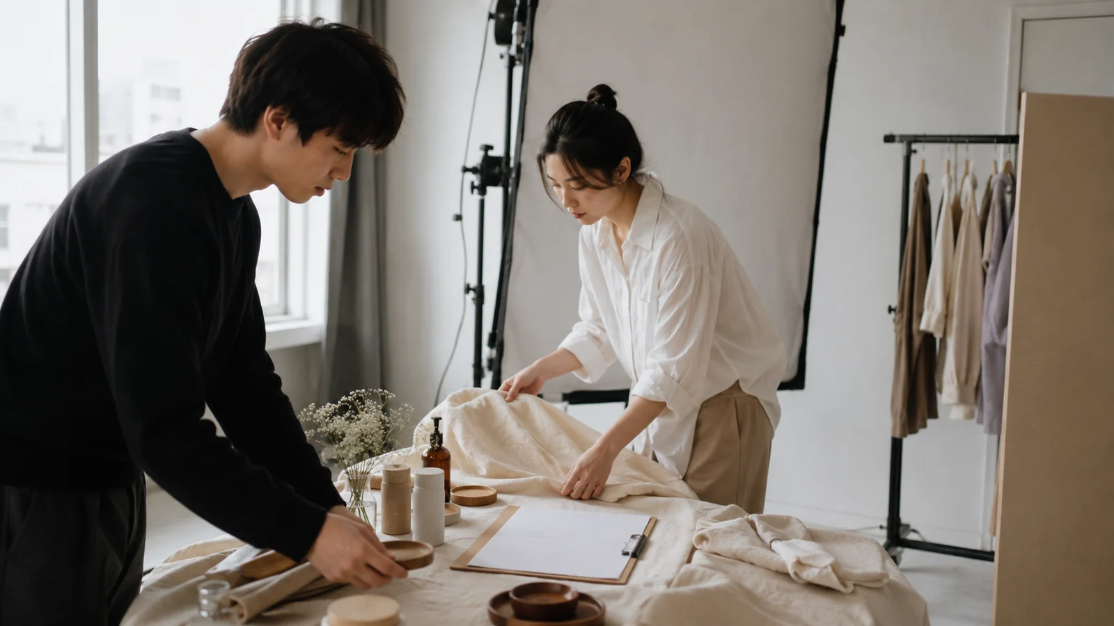 인플루언서 협업 촬영 전 브리프를 검토하는 브랜드 실무자